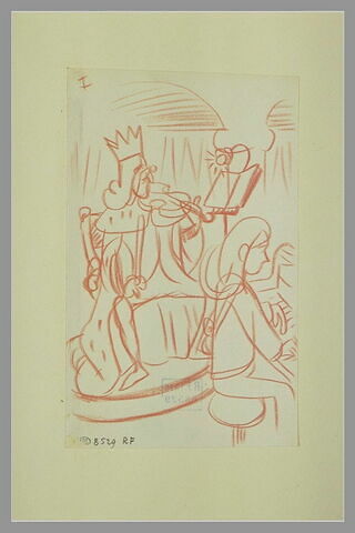 Un roi en costume de cérémonie, assis, jouant du violon et un pianiste