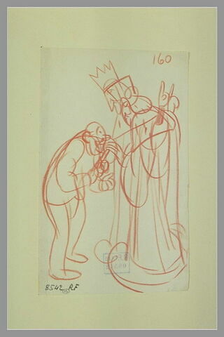 Un roi en costume de cérémonie, la main tendue vers un homme incliné, image 1/1