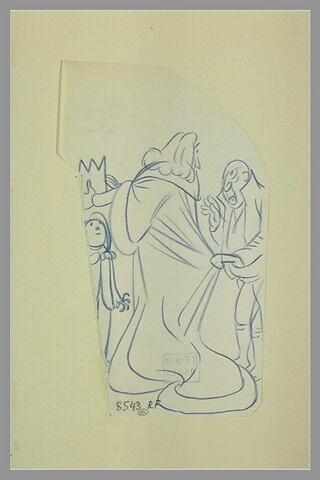 Un roi en costume de cérémonie posant sa couronne sur la tête d'un enfant, image 1/1