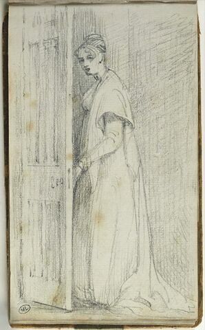 Etude de personnage ; femme debout auprès d'une porte entrouverte, image 1/1