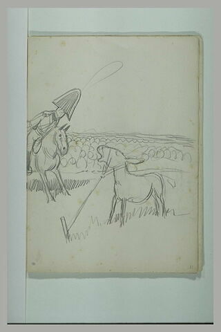 Croquis humoristique : fantassins, cavalier et âne attaché à un piquet, image 1/2
