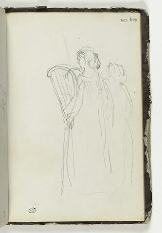 Croquis de deux femmes en pied dont une tient une petite harpe, image 1/1