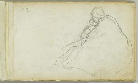 Croquis de femme assise, enveloppée dans un manteau, tenant un enfant, image 1/2
