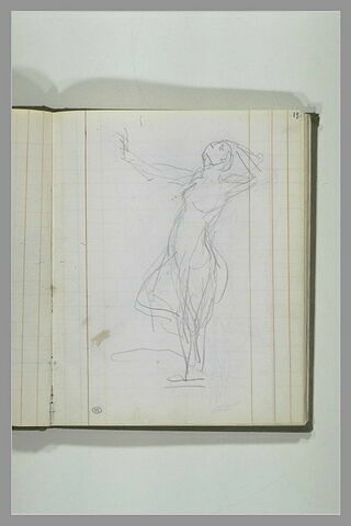 Femme nue, tournée vers la gauche, levant le bras droit, image 1/1