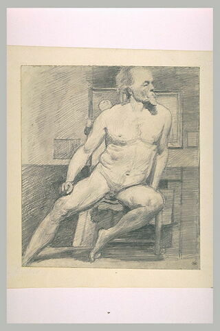 Vieillard nu, assis, de face, dans un atelier d'artiste, image 1/1