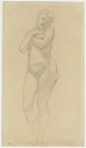 Femme nue, debout, les bras croisés sur sa poitrine, image 1/2