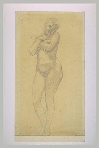 Femme nue, debout, les bras croisés sur sa poitrine, image 2/2