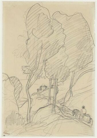 Paysage avec un cavalier près de grands arbres, image 1/2