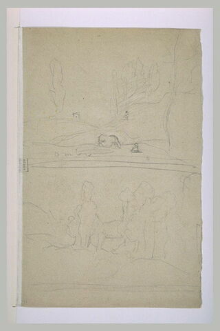 Deux paysages : cheval et deux figures sur des collines, et rideau d'arbres, image 1/1