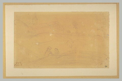 Paysage avec deux figures assises et un clocher, image 1/1