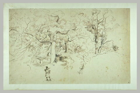 L'orée d'un bois, avec un artiste assis, dessinant, image 2/2