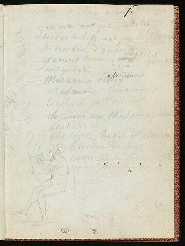 Notes manuscrites et croquis d'homme nu, assis, tenant une lyre