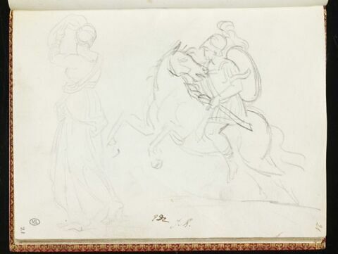 Guerrier casqué, armé, à cheval, de profil à gauche, et silhouette de femme, image 1/1