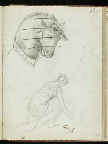 Tête de cheval, croquis de femme, et silhouette de guerrier
