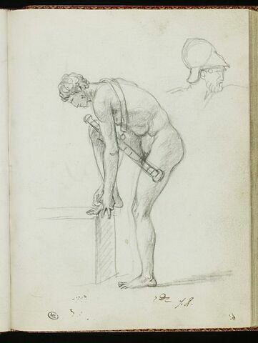 Homme nu, une épée en bandoulière, penché en avant et touchant son pied
