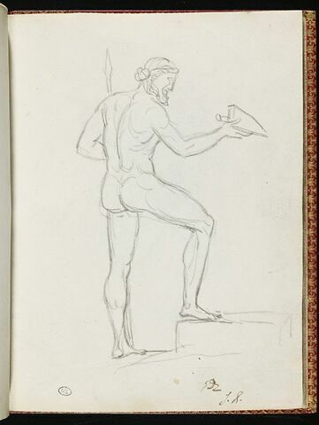 Homme nu, les cheveux noués derrière la tête, le pied droit sur une marche, image 1/1