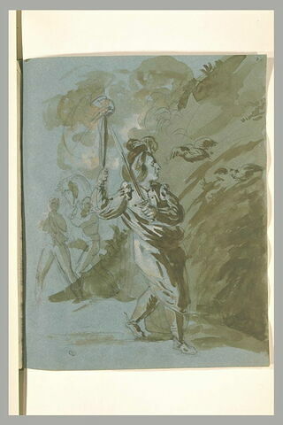 Homme brandissant une torche et une épée, faisant s'envoler des hibous, image 1/1
