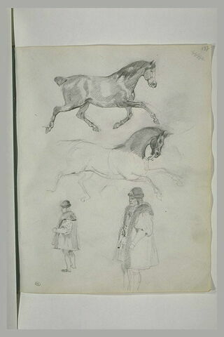 Deux études de chevaux, et de personnage en costume du moyen-âge, image 1/1