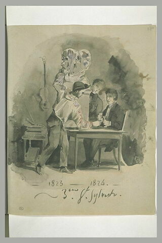 Trois jeunes gens trinquant dans un atelier :  Saint Sylvestre 1823-1824, image 1/1