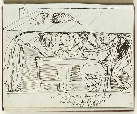 Groupe de personnages trinquant dans une mansarde, sur le toit des rats, image 1/2