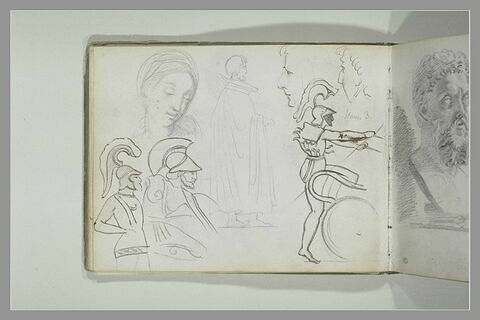 Trois études de guerriers grecs ; tête de femme ; homme vêtu d'un manteau