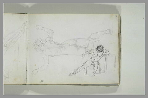 Femme nue, vue de dos ; homme nu, assis, accoudé à une table, image 2/2
