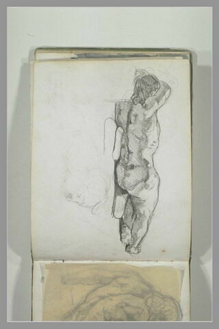 Figure nue allongée, vue de dos, et croquis d'une tête d'homme, image 1/1
