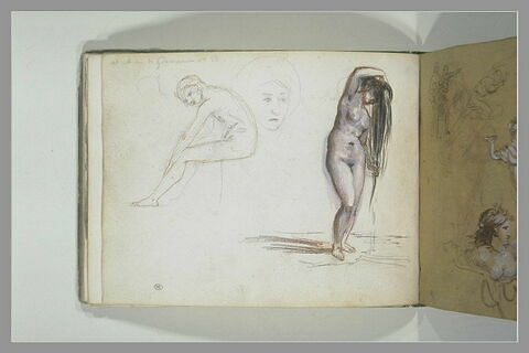 Homme nu, assis ; tête de femme ; femme nue essorant sa chevelure, image 1/1