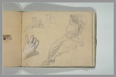 Deux croquis d'un château-fort ; figure de femme drapée ; une main gauche, image 1/1