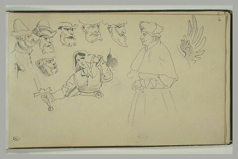 Six têtes d'homme barbu, femme tenant une épée, homme en costume médiéval, image 1/1