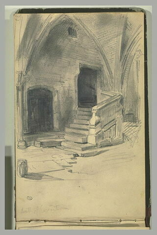 Intérieur d'un salle voûtée avec un escalier de pierre, et notes manuscrites, image 1/1