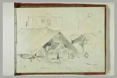 Tente avec deux hommes ; cheval entre deux tente ; arabe courbé, image 3/3