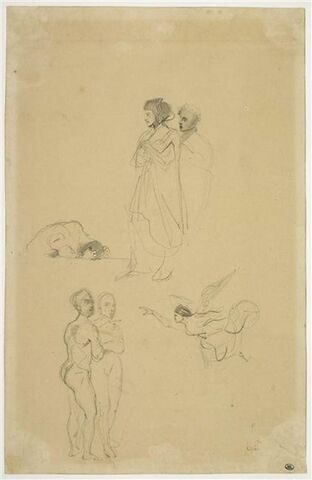 Etudes : Dante et Virgile devant un damné, deux figures nues, un ange