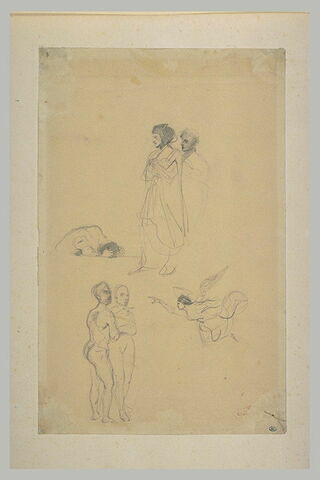 Etudes : Dante et Virgile devant un damné, deux figures nues, un ange, image 2/2