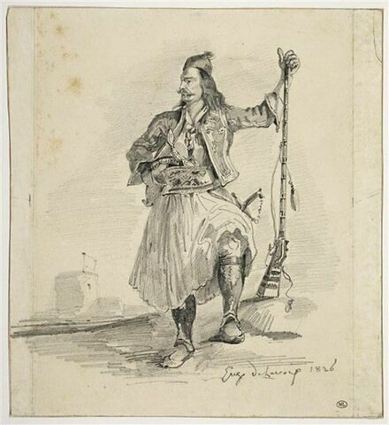 Figure de soldat grec, debout, tenant un fusil