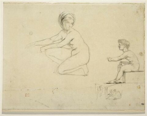 Femme nue, agenouillée, et enfant nu, assis