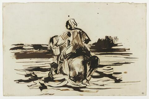 Cavalier arabe traversant un gué
