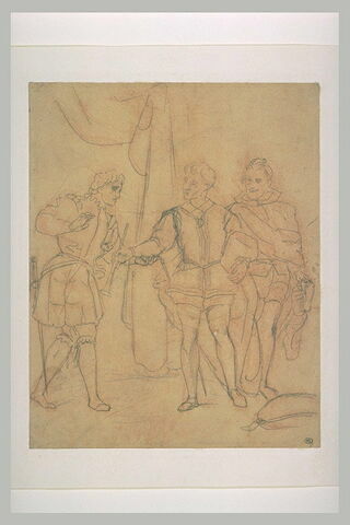 Hamlet, Guildenstern et une autre figure, debout, devant une draperie, image 2/2