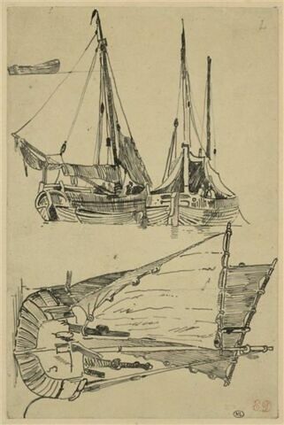 Etudes d'un canot et de trois barques de pêche