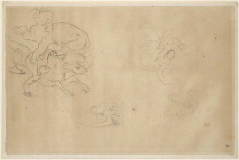 Lion attaquant un cavalier, et trois études de cavalier renversé, image 1/2