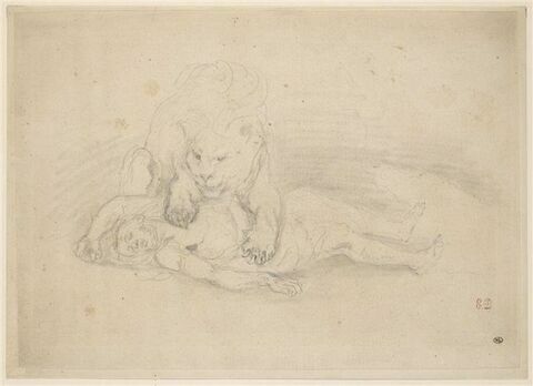 Lion couché sur un homme mort, image 1/2