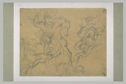 Cavalier entouré de deux figures volantes fustigeant un homme, image 2/2