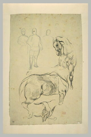 Feuille d'études avec un groupe de trois hommes et de trois chevaux