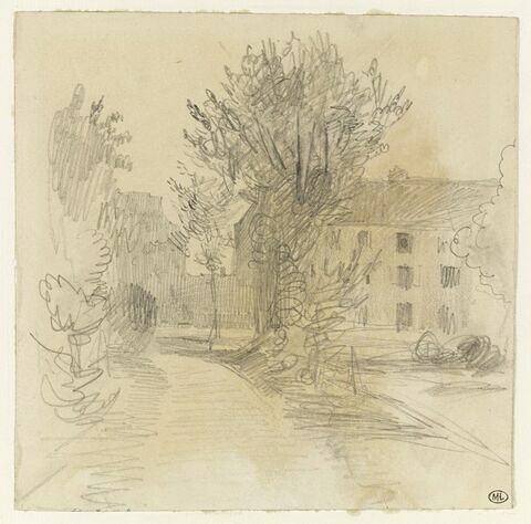 Chemin bordé d'arbres menant à une grande maison, image 1/2