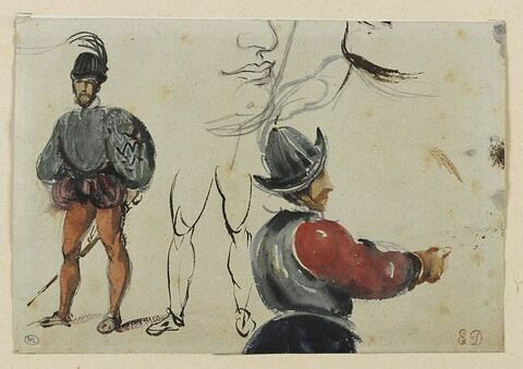 Etudes de personnages en costume du XVIIè siècle, jambes et bas d'un visage, image 1/2