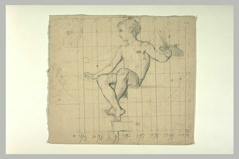 Enfant, assis, de trois quarts à gauche, tenant une palette, image 1/1