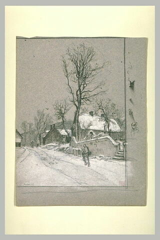 Un village sous la neige, et croquis de têtes
