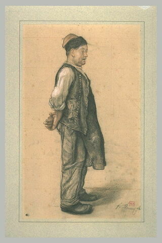 Paysan, coiffé d'un bonnet, en manches de chemise, sa veste sur l'épaule, image 2/2