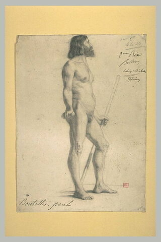 Académie d'homme chevelu et barbu, tenant un bâton, vu de profil, image 1/1