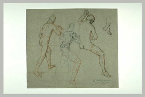 Trois études d'homme nu, l'un portant un justaucorps du XVIè siècle